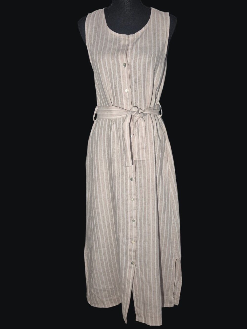 Lungo L'Arno Italian 100% Linen Striped Belted Midi Dress Sleeveless - Size S